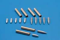 Photo of 1/72 scale metal artillery cartridges for 12.8cm PaK 40 L/61 from RB Model 72P10, including armor-piercing, high-explosive, and "Sturer Emil" shells.