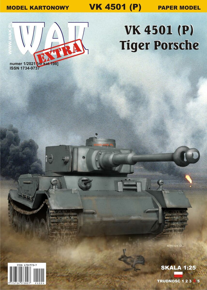 Image of the VK 4501 (P) Tiger Porsche 1:25 scale card model kit by WAK Publishing, showcasing the detailed design and quality cardstock components.