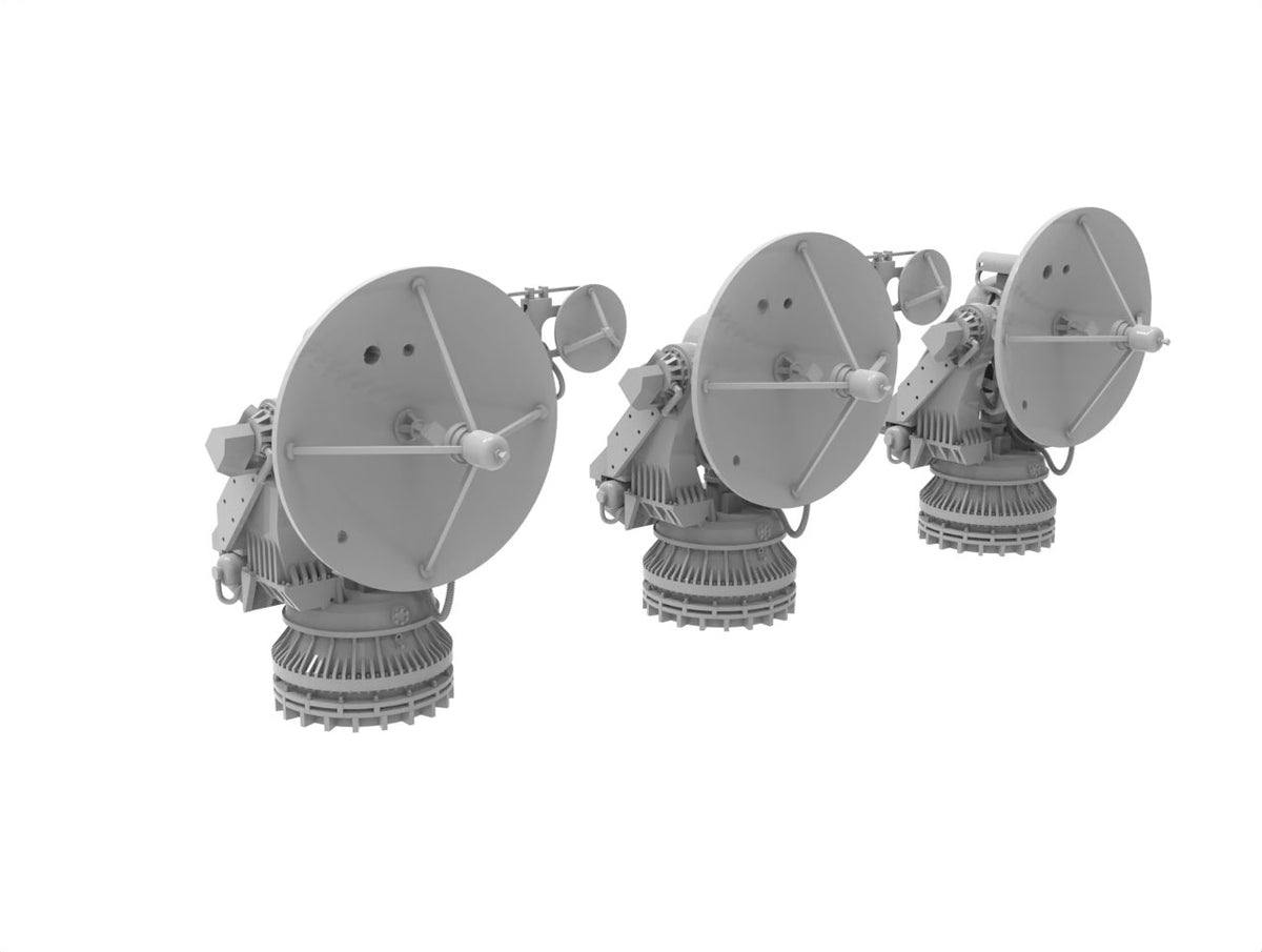 Photo of AN/SPG-60 Illumination Radar 1/350 scale resin model set by HS Model HSM-U350070S showing six detailed 3D printed radar units