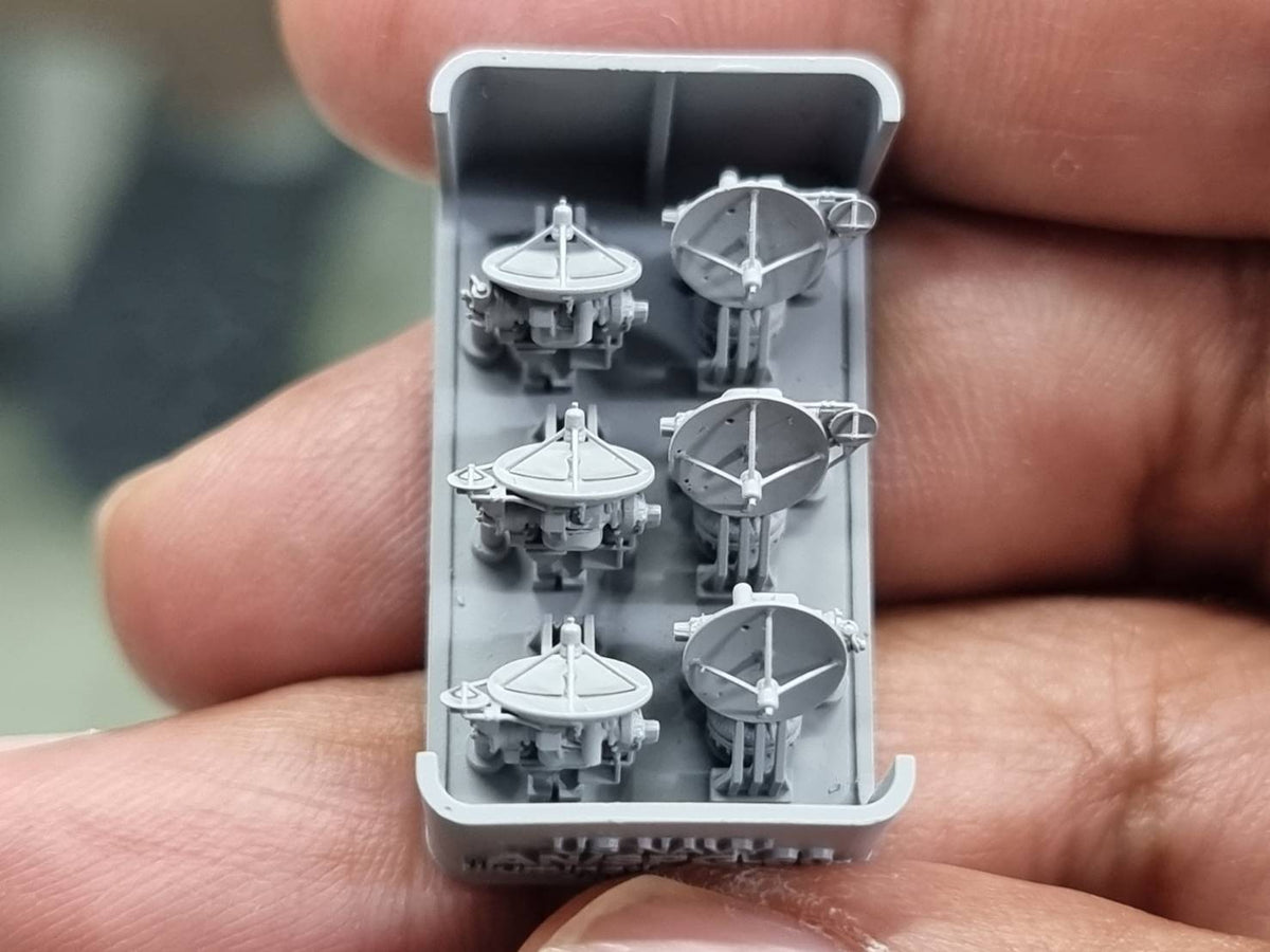 Photo of AN/SPG-60 Illumination Radar 1/350 scale resin model set by HS Model HSM-U350070S showing six detailed 3D printed radar units