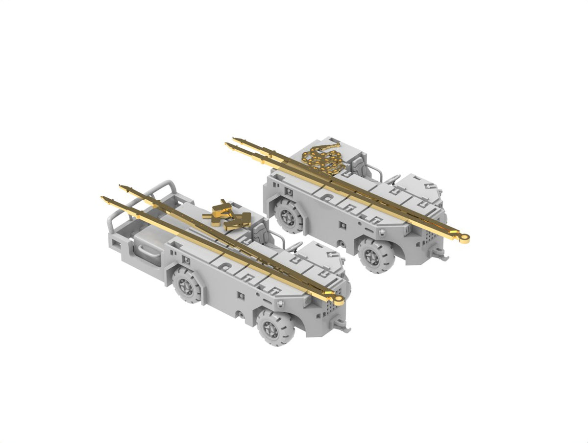 Photo of US Navy Tow Tractor A/S32A-49 1/350 scale resin model kit by HS Model showing 3D printed tow tractors with photo-etched details