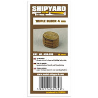Photo of Shipyard's 4mm Triple Block Card Rigging Blocks, a set of 10 pieces for detailed model ship assembly, showcasing the precision and quality of the blocks.