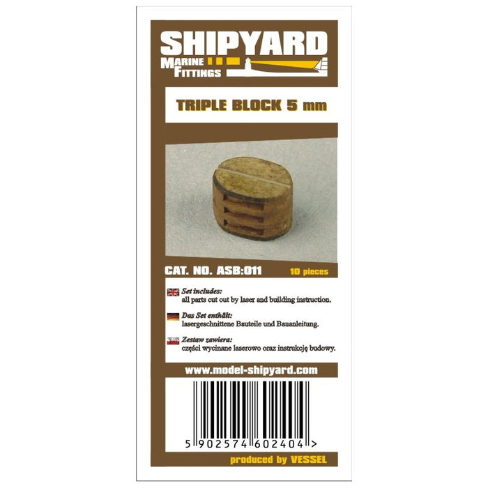 Image of Shipyard's Triple Block 5mm Card Rigging Block Kit, showing 10 laser-cut pieces for detailed model ship assembly.
