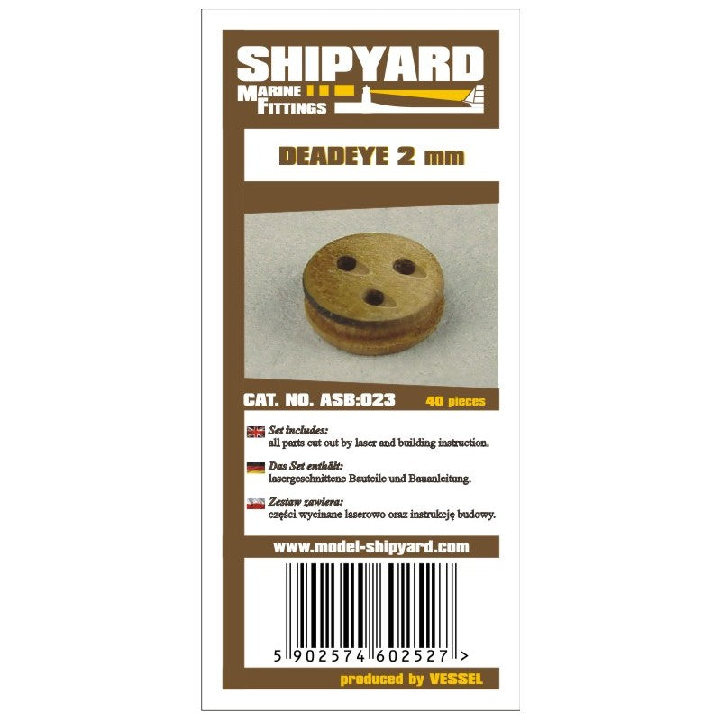 Image showcasing the Deadeye Block 2mm card rigging blocks by Shipyard, a set of 40 pieces designed for detailed model ship rigging.
