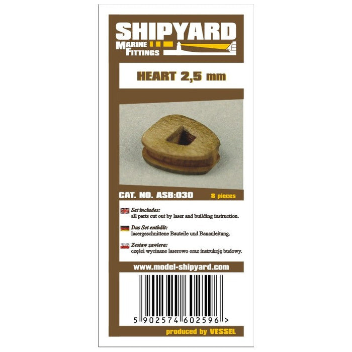 Photo of Shipyard's 2.5mm Heart Block Card Rigging Kit, showcasing precision-cut heart blocks for detailed model ship rigging.