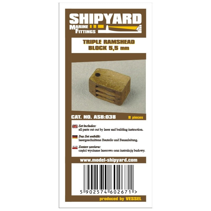 Image of Triple Ramshead 5.5mm Card Rigging Blocks by Shipyard, a set of 8, showcasing intricate details for model ship rigging enhancement.