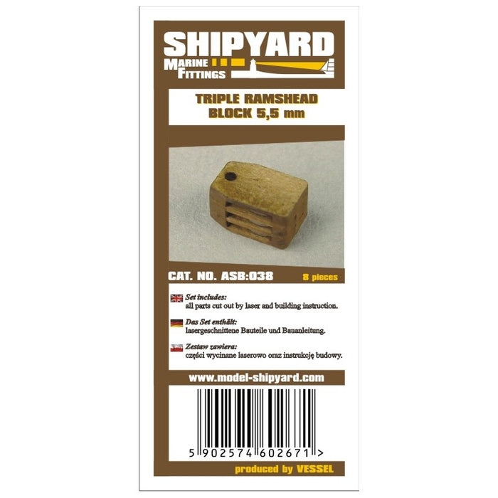 Image of Triple Ramshead 5.5mm Card Rigging Blocks by Shipyard, a set of 8, showcasing intricate details for model ship rigging enhancement.