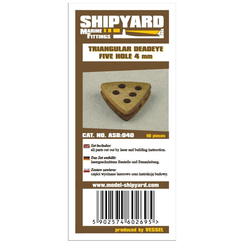 Photo of 4mm Triangular Deadeye Rigging Blocks by Shipyard, featuring 5 holes for detailed model ship assembly, included in a set of 10 pieces.