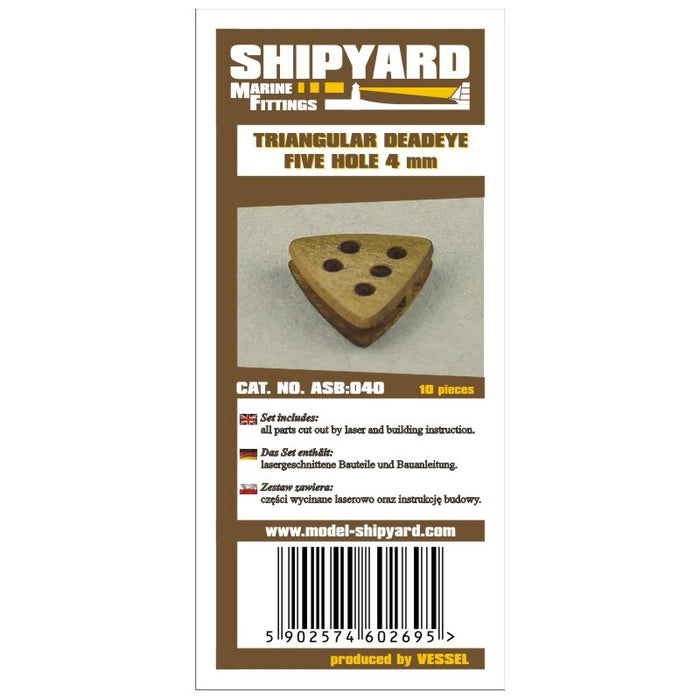 Photo of 4mm Triangular Deadeye Rigging Blocks by Shipyard, featuring 5 holes for detailed model ship assembly, included in a set of 10 pieces.
