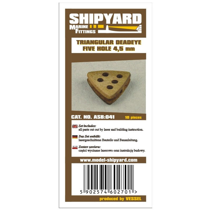 Photo of 4.5mm Triangular Deadeye Rigging Blocks by Shipyard, showing 10 self-assembly pieces with 5 holes each, designed for detailed model ship rigging.