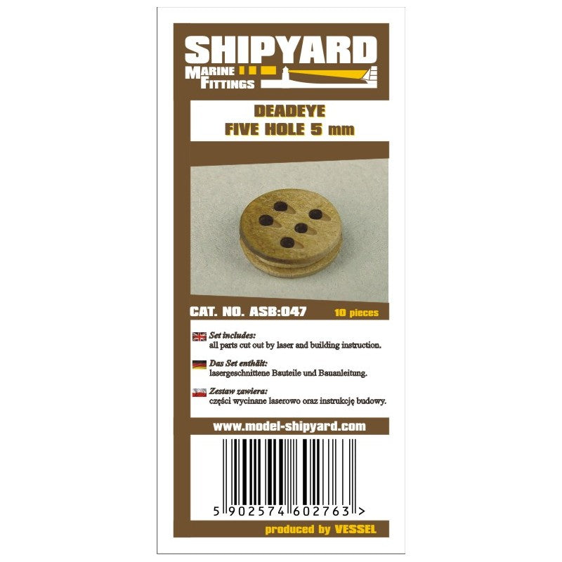 Photo of Shipyard's 5mm Deadeye Block set with 5 holes, a self-assembly rigging block kit including 10 pieces, designed for detailed model shipbuilding.