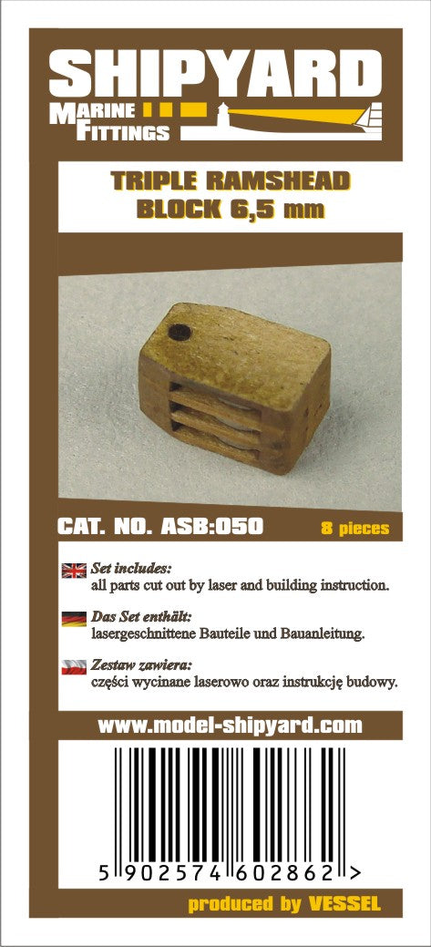 Photo of Triple Ramshead 6.5mm card rigging block kit by Shipyard, featuring 8 detailed pieces for model ship rigging enhancement.