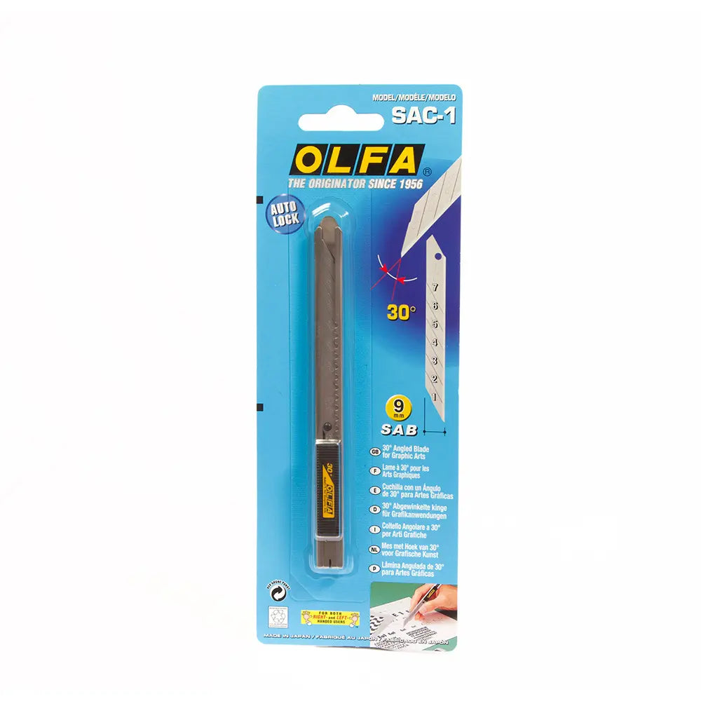 Photo of OLFA Graphics Snap Knife 9mm SAC-1 with a slim stainless steel handle, an acute 30-degree blade, and a built-in blade snapper in the pocket clip.