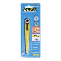 Photo of OLFA RTY-4 18mm Classic Straight Rotary Cutter with blade cover for safety storage, designed for precision cutting in sewing and crafting.