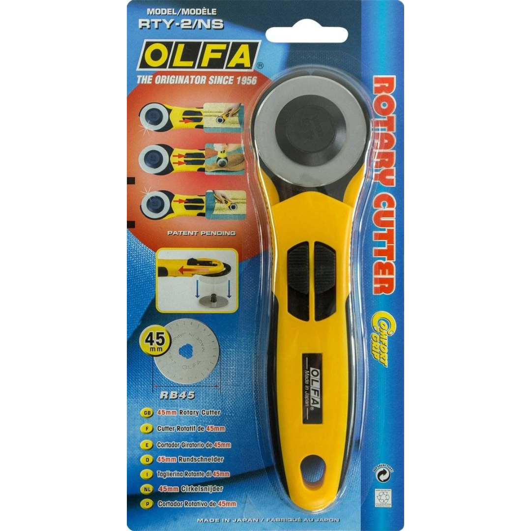 Photo of OLFA Quick-Change Advanced Rotary Cutter 45mm with ergonomic handle and safety blade guard.