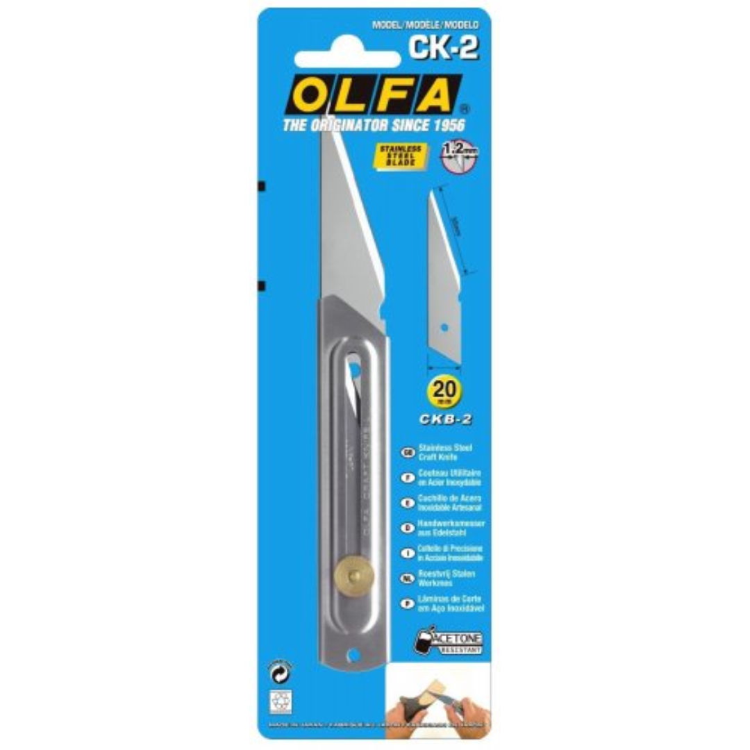 Photo of OLFA CK-2 Heavy-Duty Wood Carving Knife with stainless-steel body and extra-thick Kiridashi-style blade for precision wood carving.