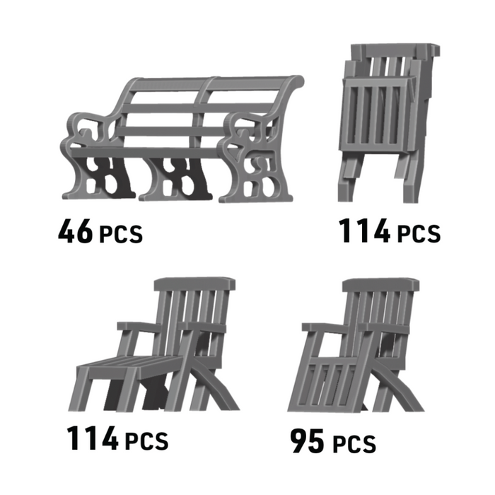 Photo of the Titanic 1:350 scale furniture set by ION Model (CV350-002), showing precision 3D-printed resin chairs, tables, and seating arrangements for ship model interiors.