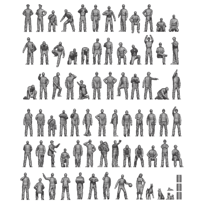 Photo of 1:350 scale 3D printed resin Modern Commercial Ship Crew and Dock Workers set, including 71 unique figures, 3 dogs, 1 cat, and 3 barrels.