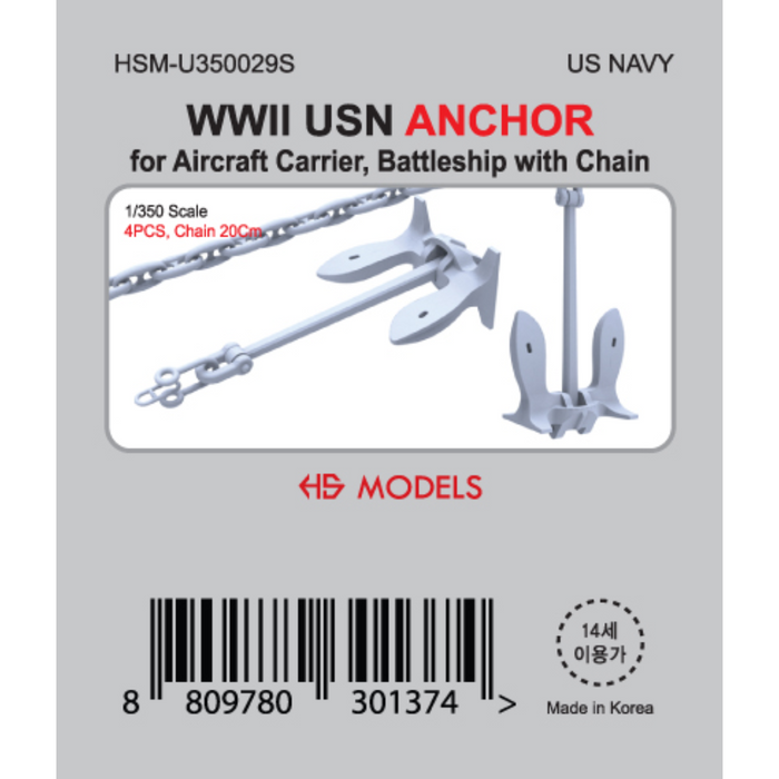 Photo of WWII US Navy 1/350 scale anchor set with chain by HS Model HSM-U350029S resin model parts