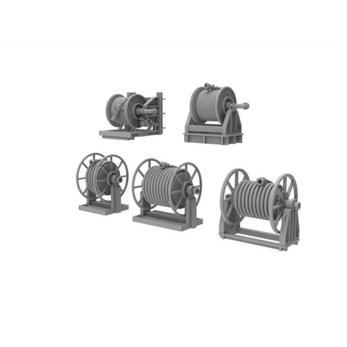 Photo of 1/350 scale 3D printed resin hose reels by HS Model showing firefighting and fuel hose reel types in five detailed variations.
