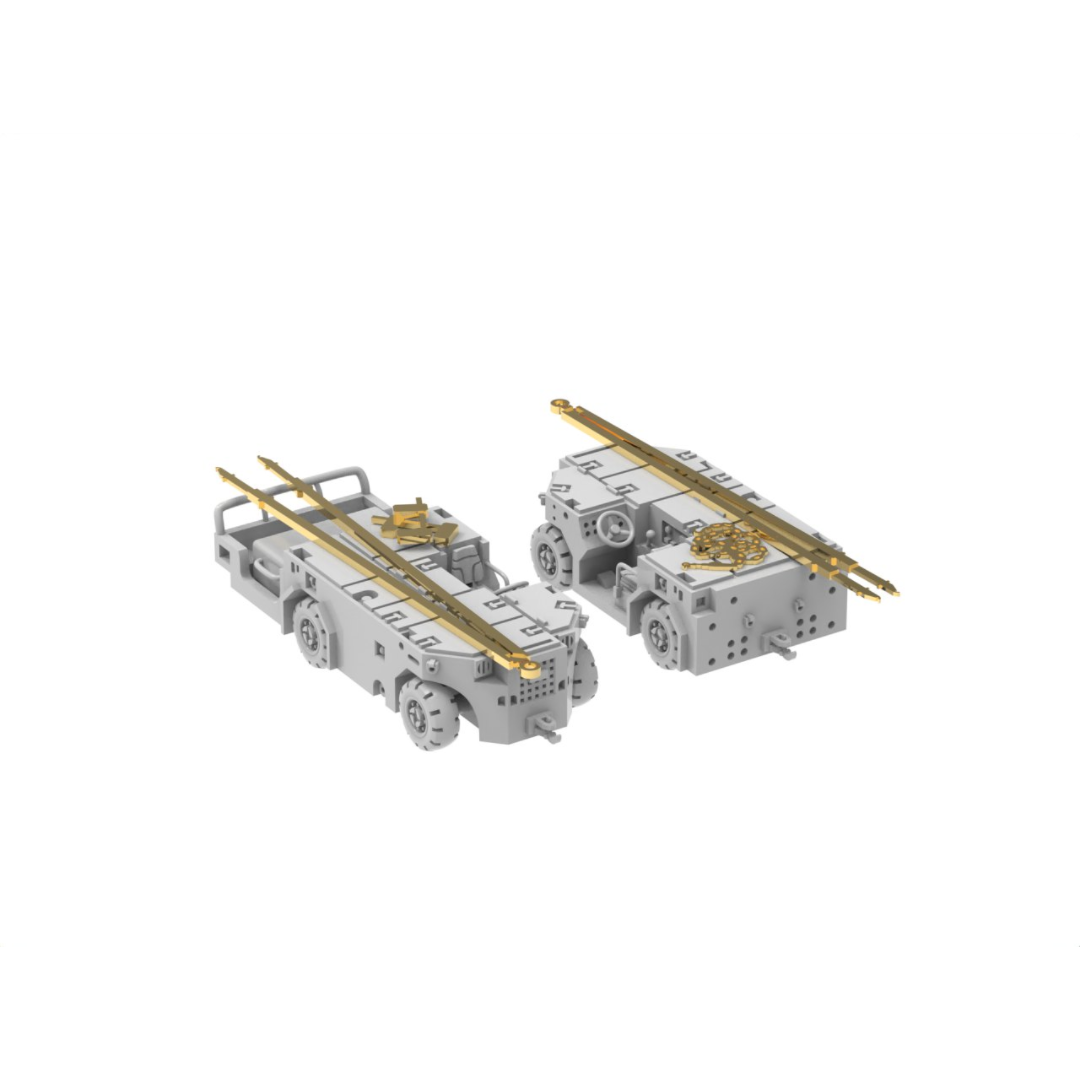 Photo of US Navy Tow Tractor A/S32A-49 1/350 scale resin model kit by HS Model showing 3D printed tow tractors with photo-etched details