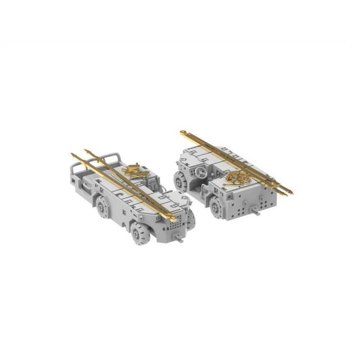 Photo of US Navy Tow Tractor A/S32A-49 1/350 scale resin model kit by HS Model showing 3D printed tow tractors with photo-etched details
