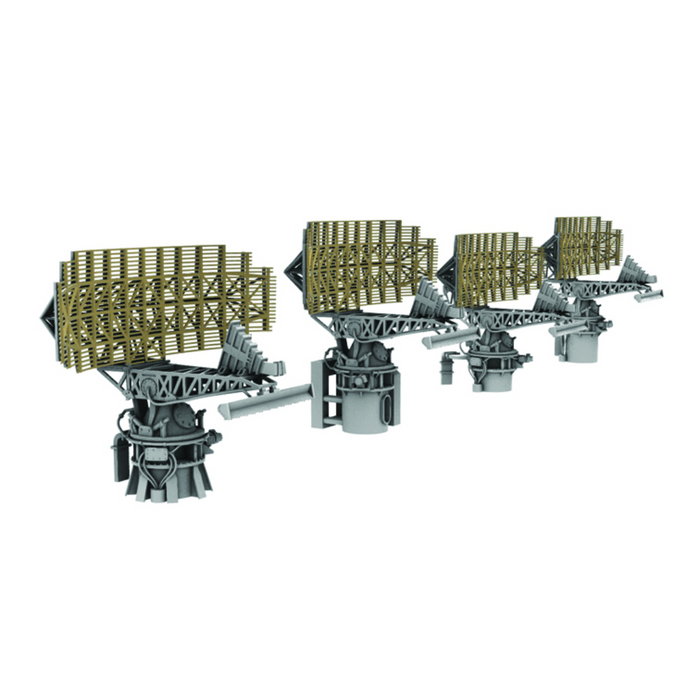 Photo of AN/SPS-49 Air Search Radar 1/350 scale 3D printed resin model set by HS Model HSM-U350069S showing detailed parts and four base types