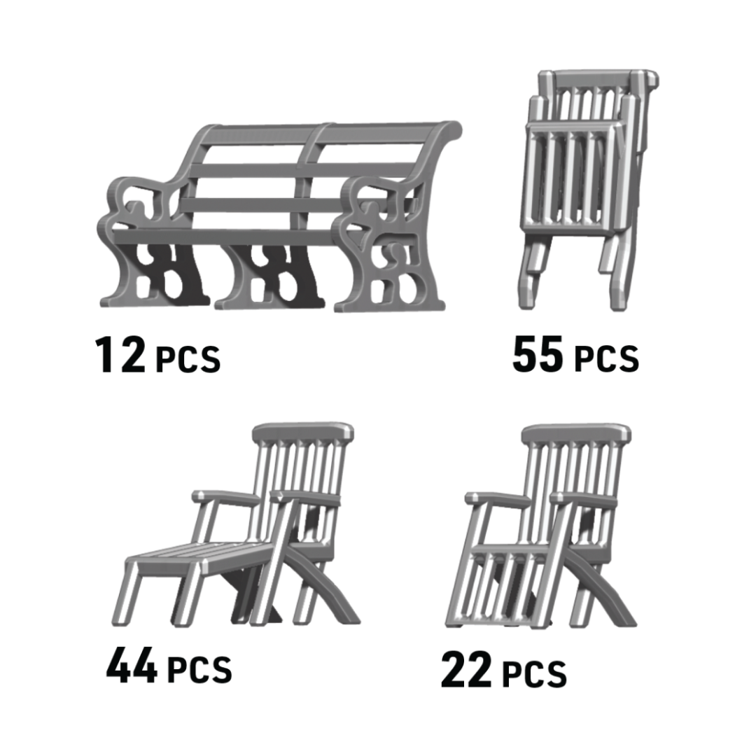Photo of Titanic Furniture Set 1:250 Scale ION (CV250-002) featuring 3D-printed resin chairs and tables, precisely crafted for Titanic model enthusiasts.