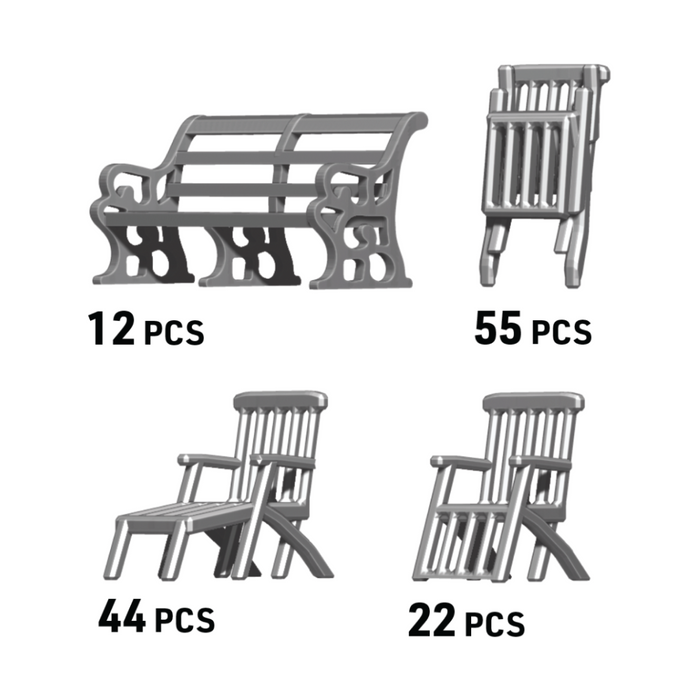 Photo of Titanic Furniture Set 1:250 Scale ION (CV250-002) featuring 3D-printed resin chairs and tables, precisely crafted for Titanic model enthusiasts.