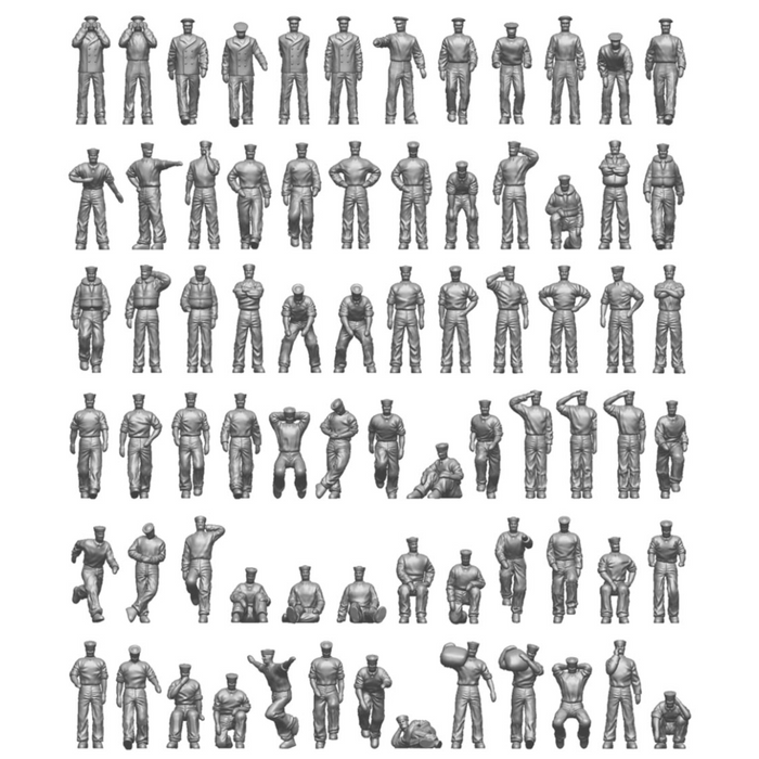 Photo of finely detailed 1:350 scale US Navy WWII resin figures from ION Model, depicting chilling and active deck crew for warship model dioramas.