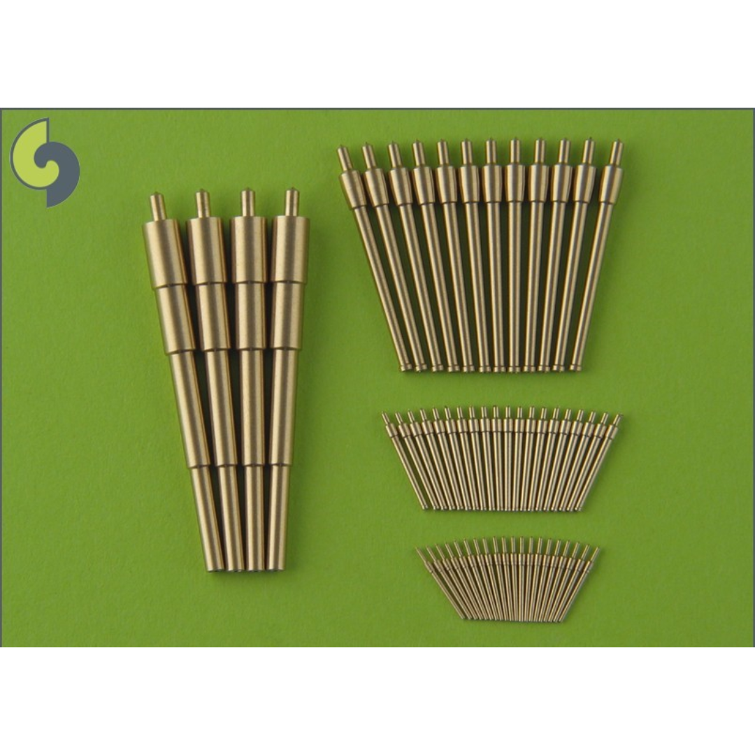 Photo of Master SM-350-059 brass barrel set for 1:350 scale Borodino-class battleship model, featuring turned brass barrels for 305mm, 152mm, 75mm, and 47mm guns.