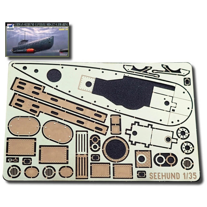 Photo of 1:35 scale photo-etched brass detail set for German U-Boat Type Seehund Bronco CB35053, showing deck, railings, and conning tower parts.