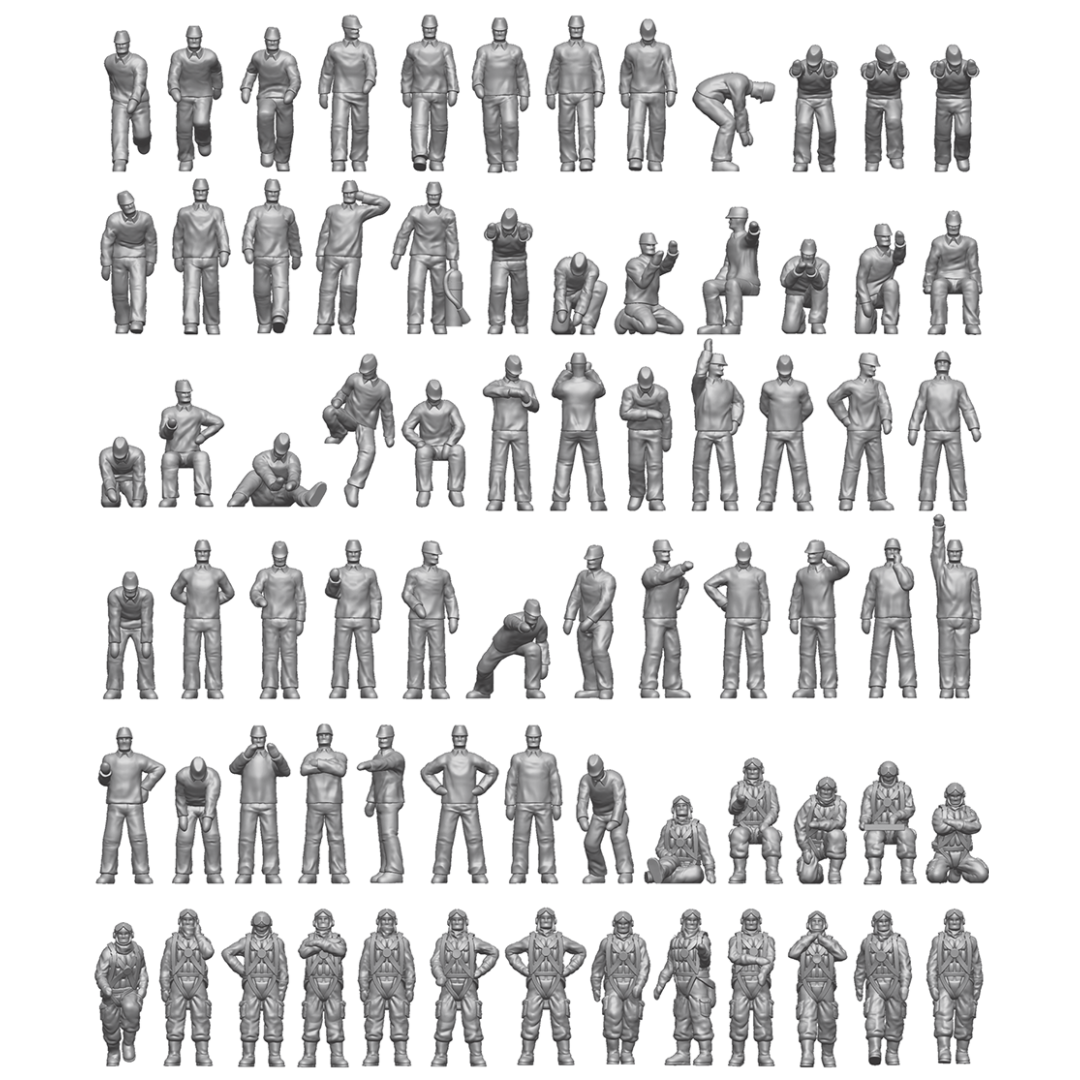 Photo of finely detailed 1:200 scale Imperial Japanese Navy carrier personnel and pilots resin figures set by ION (J200-002), featuring 74 miniatures for ship model dioramas.