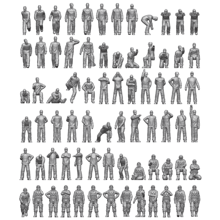 Photo of finely detailed 1:200 scale Imperial Japanese Navy carrier personnel and pilots resin figures set by ION (J200-002), featuring 74 miniatures for ship model dioramas.