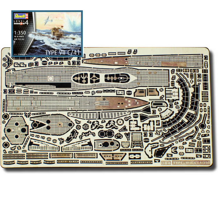 Photo of finely detailed photo-etched brass parts for German U-Boat Type VIIC/41 1:350 scale, designed for Revell 05154.