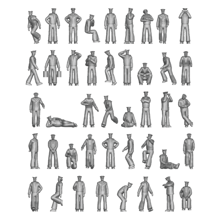 Photo of finely detailed 1/350 scale Royal Navy WWII crew figures, 3D-printed in resin, showing sailors in active and relaxed poses for battleship models.
