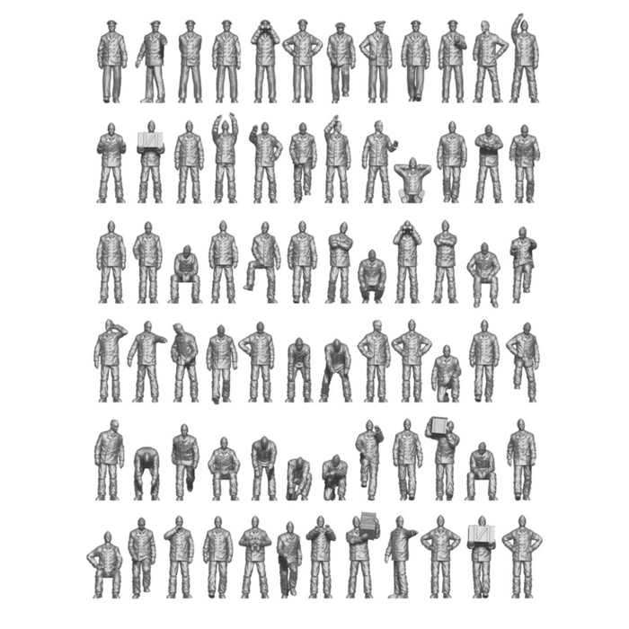 Photo of 1:250 scale Kriegsmarine WWII warship personnel set, showing 72 highly detailed 3D-printed resin figures in various poses and uniforms.