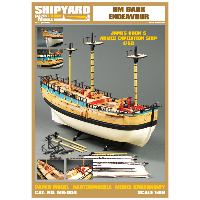 Image of HM Bark Endeavour 1:96 scale card model kit from Shipyard, showcasing detailed laser-cut parts and the intricate design of Captain Cook's historic ship.