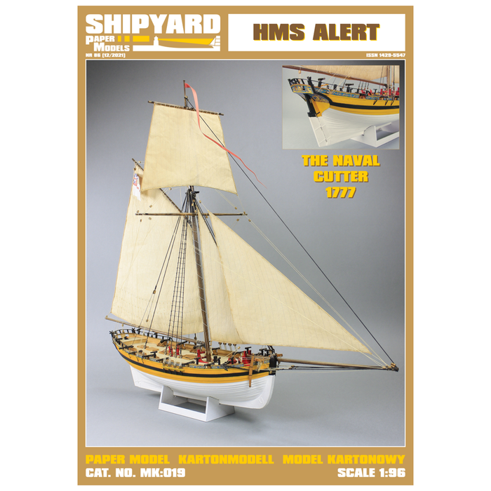 Image of Shipyard's HMS ALERT 1:96 card model kit, showcasing detailed laser-cut parts and the intricacy of the historic British cutter, ideal for model ship enthusiasts.