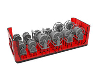 Photo of 1/350 scale 3D printed resin hose reels by HS Model showing firefighting and fuel hose reel types in five detailed variations.