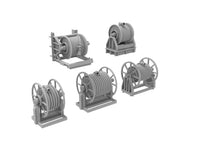 Photo of 1/350 scale 3D printed resin hose reels by HS Model showing firefighting and fuel hose reel types in five detailed variations.