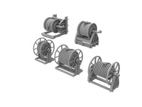 Photo of 1/350 scale 3D printed resin hose reels by HS Model showing firefighting and fuel hose reel types in five detailed variations.