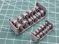 Photo of 1/350 scale 3D printed resin hose reels by HS Model showing firefighting and fuel hose reel types in five detailed variations.