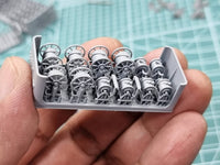 Photo of 1/350 scale 3D printed resin hose reels by HS Model showing firefighting and fuel hose reel types in five detailed variations.