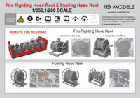 Photo of 1/350 scale 3D printed resin hose reels by HS Model showing firefighting and fuel hose reel types in five detailed variations.