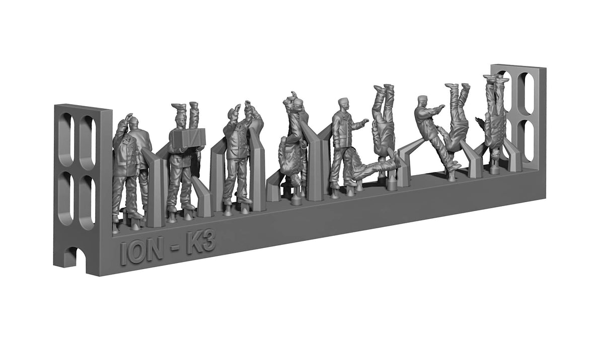 Photo of 1:250 scale Kriegsmarine WWII warship personnel set, showing 72 highly detailed 3D-printed resin figures in various poses and uniforms.