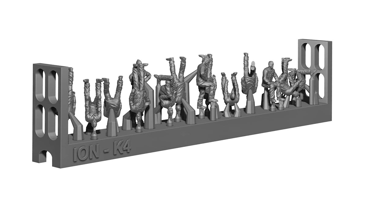 Photo of 1:250 scale Kriegsmarine WWII warship personnel set, showing 72 highly detailed 3D-printed resin figures in various poses and uniforms.