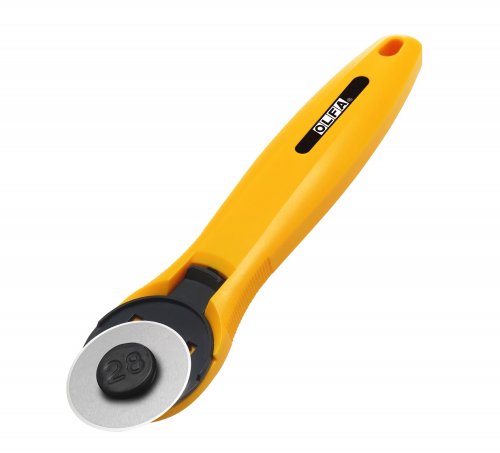 Photo of OLFA Quick-Change Rotary Cutter 28mm with ergonomic contoured handle and quick-change blade system, designed for precision cutting.