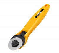 Photo of OLFA Quick-Change Rotary Cutter 28mm with ergonomic contoured handle and quick-change blade system, designed for precision cutting.