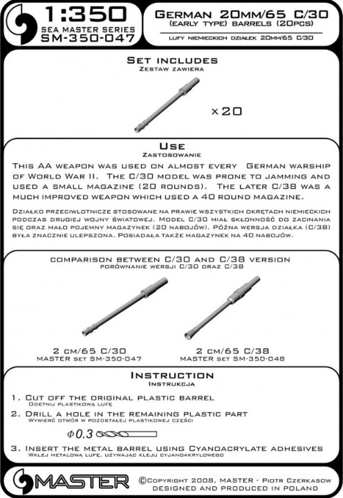 Photo of 20mm/65 C/30 metal barrels (early type) for 1:350 German warship models, set of 20 from Master (SM-350-047).